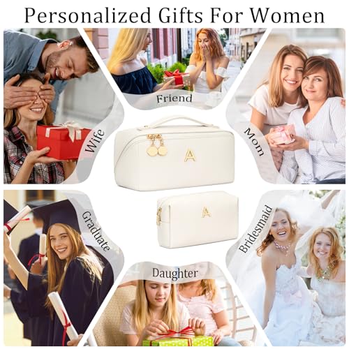 CLOUDWINGS Large Personalized Makeup Bag Set for Women & Teen Girls - Beige, Initial Customization, Travel Organizer