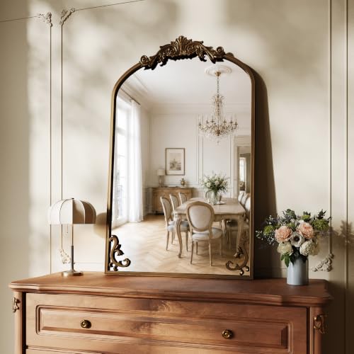 Vintage Wall Mirror 36x24 Inch Arched Antique Frame - Dark Gold Bronze