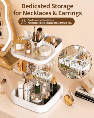 White Rotating Makeup Organizer with 5 Adjustable Tiers & Jewelry Hooks
