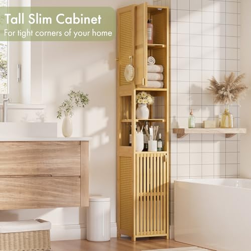 Tall Bathroom Storage Cabinet - Bamboo with Rattan Doors, Adjustable Shelves, Natural Color, 70 Inch