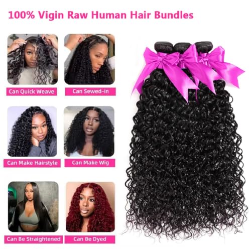Brazilian Water Wave Human Hair Bundles - 18 20 22 Inch, 3 Pack, Unprocessed Virgin Curly Weave - Natural Black, Wet & Wavy Style