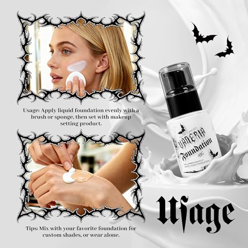 VANERIA White Foundation Liquid, Face Makeup Full Coverage Waterproof, Mixer Use or White Base for Goths, Vampires, Clowns. 30ML