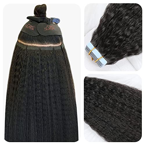 Kinky Straight Tape-In Hair Extensions 12 Inch Jet Black - Natural Remy Human Hair, Seamless & Lightweight, Variation of 12 Inch / #1B Natural Black_KS