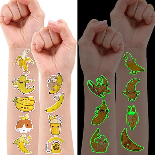 Banana Pre-Cut Temporary Tattoos 8 Sheets 96PCS Yellow Banana Party Decorations Supplies Favors Fruits Theme Birthday Stickers Christmas Gifts for Boys Girls Class School Prizes Carnival (Luminous)