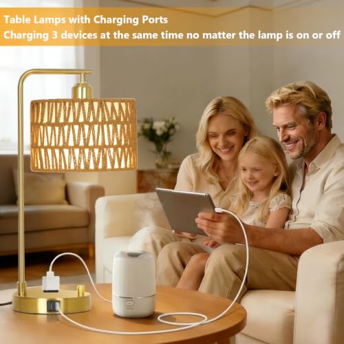 Gold Boho Lamps Set of 2 with USB Charging Ports & AC Outlet - Dimmable Table Lamps