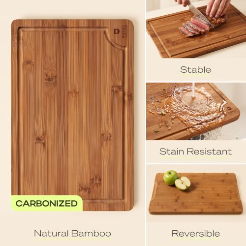 Brown 4-Piece Bamboo Cutting Board Set with Juice Grooves & Handles - Kitchen Prep & Serving