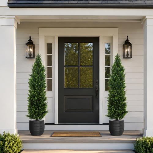 Artificial Cedar Topiary Trees 5ft Set of 2 - Outdoor Greenery with Ground Spikes