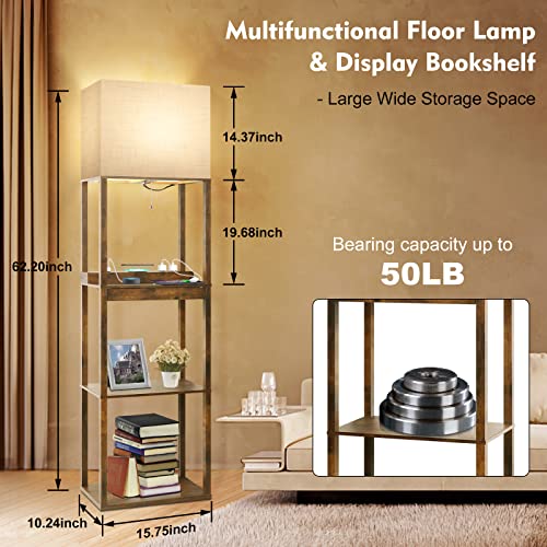 RUNTOP Upgraded Floor Lamp with Shelves and Wireless Charger - Brown with Drawer & USB Ports