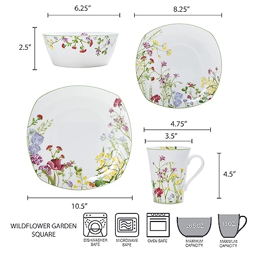 Mikasa Wildflower Garden 16-Piece Bone China Dinnerware Set for 4 - Floral Square Plates & Mugs