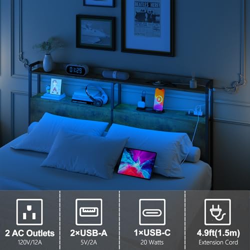 Rustic Brown Queen Headboard with Storage & RGB LED Lights - Height Adjustable, Outlets & USB Ports