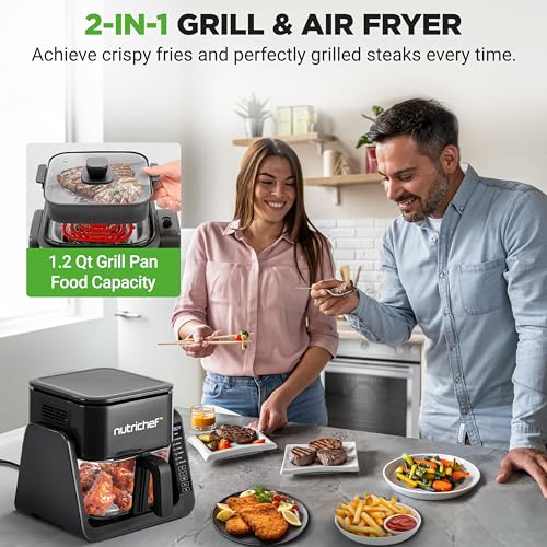 NutriChef Black 4QT Air Fryer & Indoor Grill with 7 Preset Modes