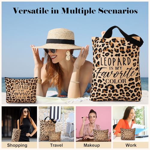 Paterr 2 Pack Leopard Print Makeup Bag and Tote Bag Cheetah Canvas Handbag Zipper Pouch Gifts for Women