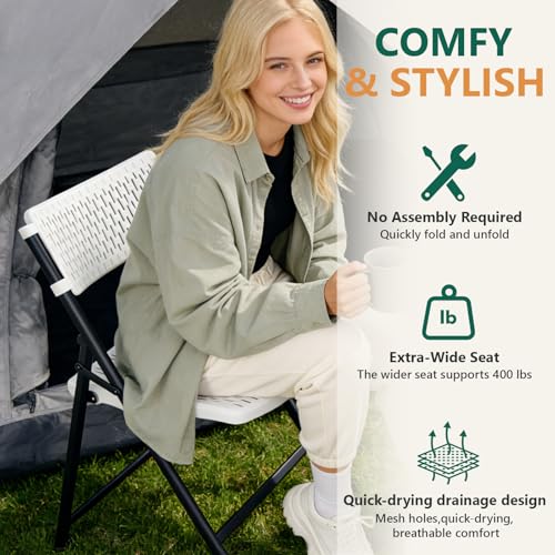 White Folding Chairs 4-Pack - Mesh Plastic & Metal Frame, Indoor Outdoor, Easy Storage