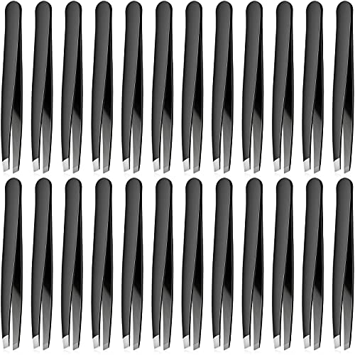 Mudder 24 Pieces Eyebrow Tweezers Bulk Stainless Steel Slanted Tip Precision Tweezers for Facial Hair, Blackhead and Tick Remover, Men and Women Professional(Black)