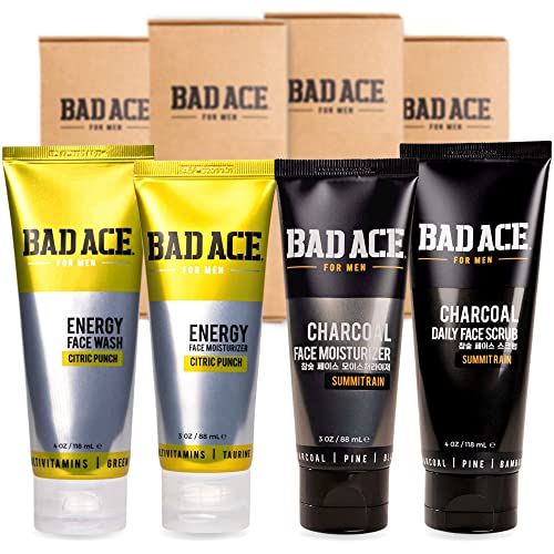 BAD ACE Skincare Bundle | Charcoal and Energy Skincare Sets | Korean Skin Care, Men's Face Care | Skin Care Kit for Men | Face wash, Face Scrub and Moisturizer Set of 4