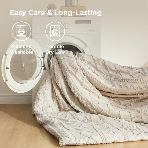 Oversized Queen Boho Comforter Set - Beige Bedding with Embroidered Tufts