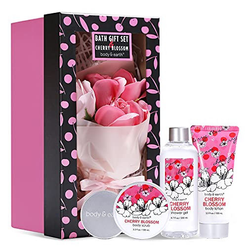 Bath and Body Gift Set for Women - Cherry Blossom Scent with Double-Layer Spa Gift Box, 5 Piece Home Spa Set Includes Shower Gel, Body Scrub, Body Lotion, Hand Soap, Rose Flower, Bath Set Gift for Her