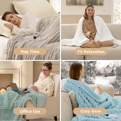 Queen Size Electric Blanket with Dual Control - White, 6 Heat & Timer Settings - Bedsure