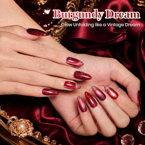 Beetles Red Gel Nail Polish Set - Jelly Glitter & Cat Eye Finish, Burgundy Dream Variation