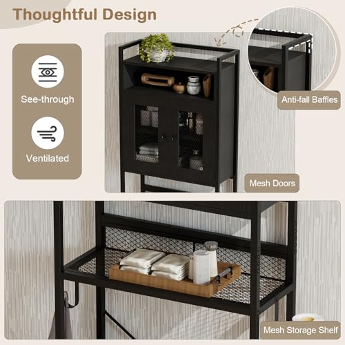 Over The Toilet Storage Cabinet - 5-Tier Bathroom Organizer with Mesh Doors - Black / Rustic Variation