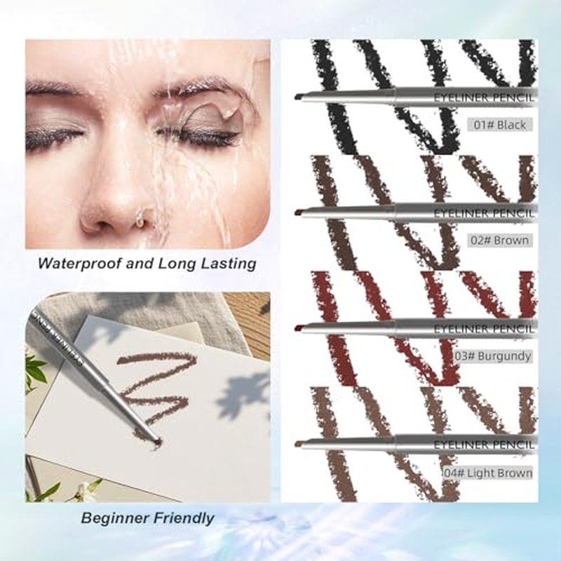 4 Pcs Waterline Eyeliner Pencil Set, Waterproof Matte Eyeliner Pens, Smooth and Long-Lasting Gel Cream Eye Liner Pencils kit Makeup for Women, Black & Brown & Burgundy & Light Brown
