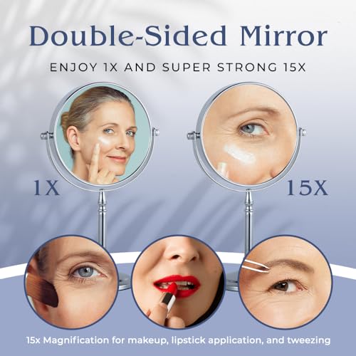 15X/1X Dual-Sided Makeup Mirror with Stand - Chrome, 12x6 Inches