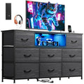 Charcoal Black Wood Grain TV Stand with 8 Drawers and LED Lighting for 65 Inch TV