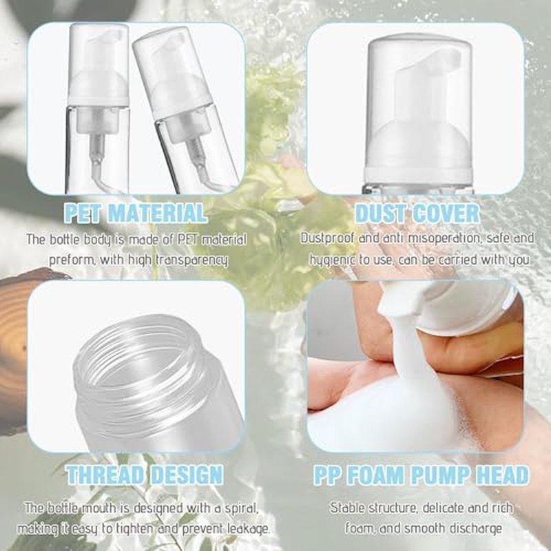 50 Pcs Foam Pump Bottle 1 oz Small Size Mousse Foam Soap Dispenser,Clear Plastic Empty Refillable Mini Foam Pump Bottle for Face Wash Shampoo Skin Care with 160 Labels£¨30 ml£©