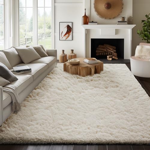 8x10 Ivory Shag Area Rug - Washable Non-Slip Fluffy Bedroom Carpet for Living Room & Nursery - Rectangular