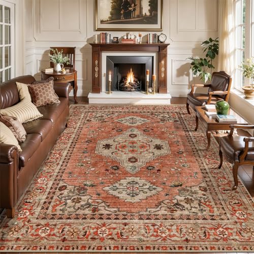 6' x 9' Washable Boho Area Rug with Non-Slip Backing - Terracotta/Tan