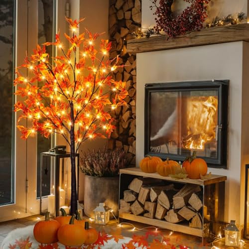 4Ft Lighted Artificial Maple Tree for Fall & Thanksgiving Decor, 60 LED Dimmable & Flashing Modes