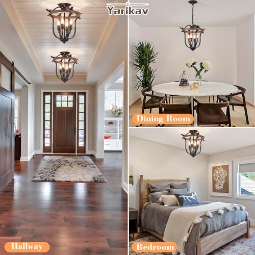 Yarlkav Farmhouse 4 Light Cage Chandelier - Black & Imitation Wood Grain Rustic Pendant Light Fixture, Dimmable Ceiling Light for Dining & Kitchen