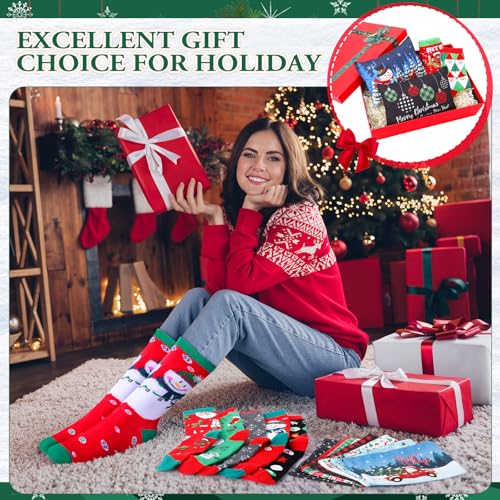 Shihanee 40 Pcs Christmas Gifts Bulk for Women 20 Pcs Christmas Canvas Makeup Bags and 20 Pairs Funny Xmas Socks Santa Snowflakes Snowman Reindeer Cosmetic Bags and Sock for Adults Coworker Employee
