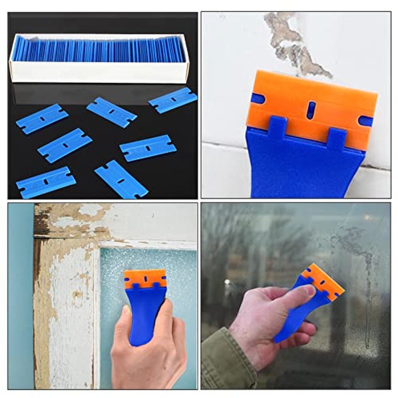 200 Pcs Plastic Razor Blades Plastic Scraper Blades Double Edge Razor Blade for Removing Labels Stickers Gasket Decals on Glass Car Window - Blue
