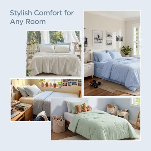 King Size Reversible Cooling Comforter Set with Pillowcases - White Seersucker Bed Bedding