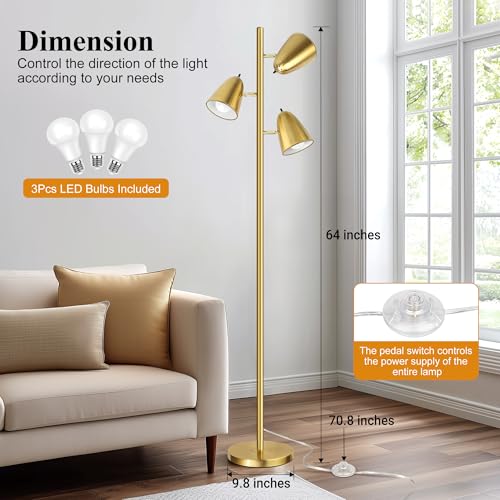 Brushed Gold Tree Floor Lamp with 3 Adjustable Arms & LED Bulbs - Tall Standing Reading Light