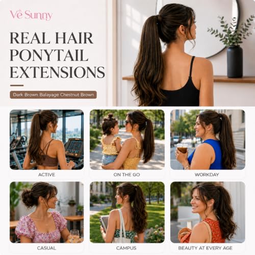 Dark Brown Balayage 16-Inch Human Hair Ponytail Extension - Wrap Around Clip-In for Women - Ve Sunny Variation 1-4 #2/6/2