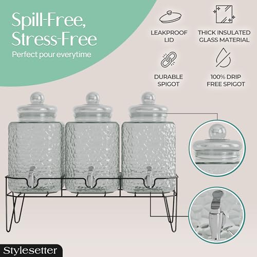 Style Setter Premium 1.5 Gal Glass Dispenser Set of 3 with Stand - Triple Beverage Stations