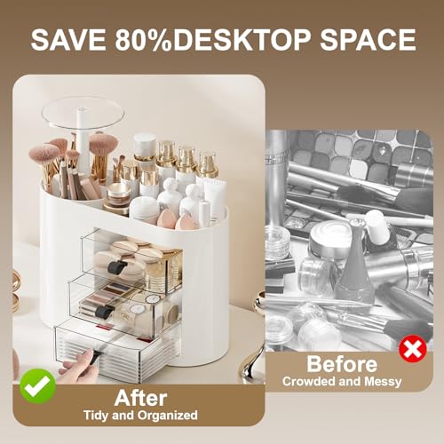 DASITON Makeup Organizer with 3 Drawers,Automatic Lifting Makeup Brush Holder with Lid,Large Capacity Makeup Organizers for Vanity,Bathroom Countertop,Ideal Storage Skin Care,Brushes,Lipstick (White)