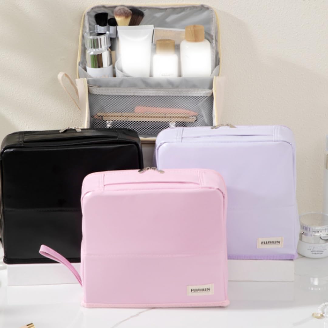 ZREVSB Standing Makeup Bag – Portable Waterproof Makeup Organizer with Compartments, 3L Large Capacity Travel Toiletry Bag, Multi-Purpose Oxford Cloth Cosmetic Bag for Women(Purple)