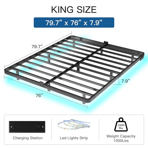 King Size Floating Platform Bed Frame with RGB LED Lights & Charging Station - Modern Metal Bed, Easy Assembly