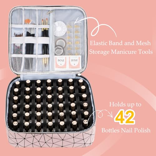Large Pink Nail Polish Organizer Bag Holds 42 Bottles & Nail Lamp - Travel Case
