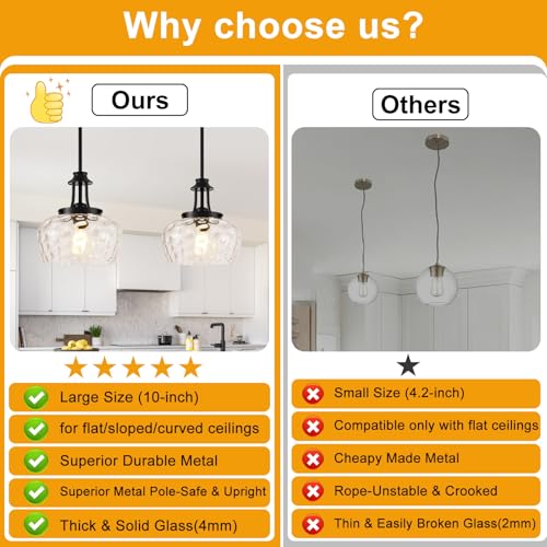 1 Pack Matte Black Pendant Light with 10-Inch Clear Hammered Glass Shade for Kitchen Island & Dining Room - Adjustable Height