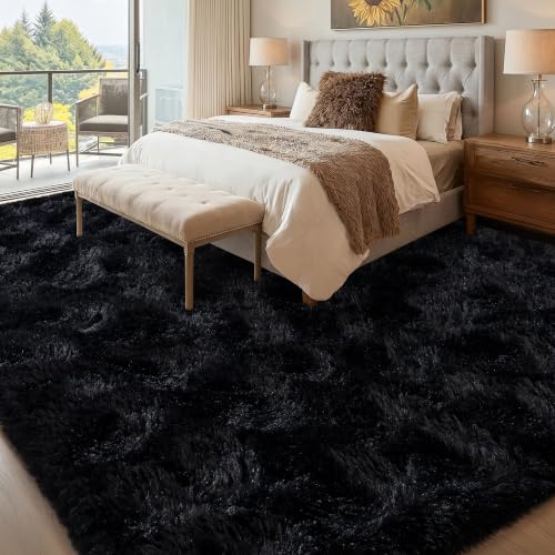 Black 8x10 Area Rug for Living Room - Fluffy Non-Slip Bedroom Carpet
