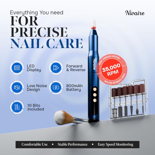 Cordless Nail Drill Kit - Electric Manicure File with 8 Drill Bits & LCD Display - Navy Blue Variation