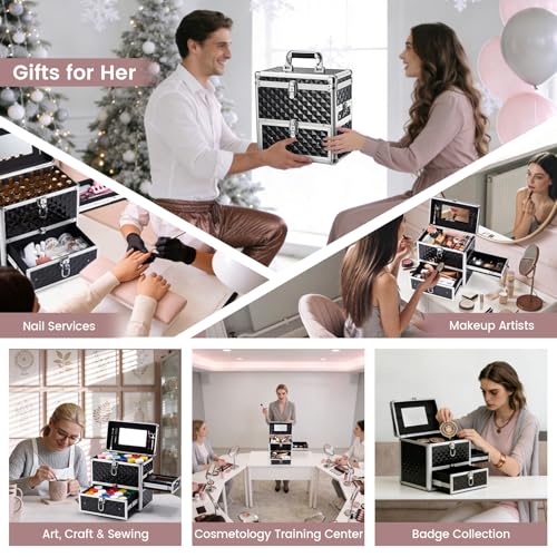 Frenessa Nail Polish Makeup Train Case with Drawer and Dividers Manicure Organizer Accessory Storage Makeup Box With Mirror Lockable Keys Nail Kit Organizer Cosmetic Case Jewelry Box - Black