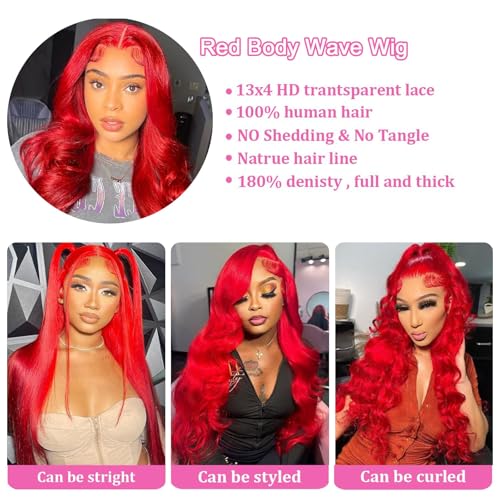 Red Lace Front Human Hair Wigs 20 Inch Body Wave - Dorashion