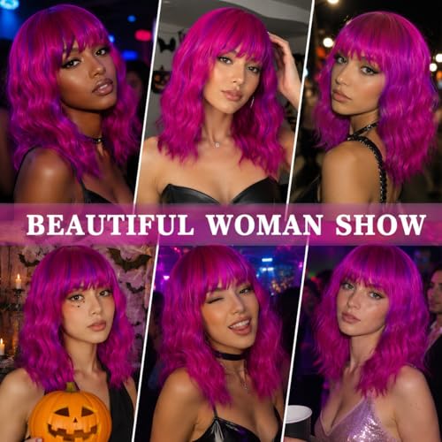 Dopdiz Rose Mixed Purple Short Wavy Bob Wig with Bangs for Women - Heat-Resistant Synthetic Cosplay Hair