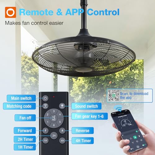 Outdoor Ceiling Fan 20 Inch IP65 Waterproof with Remote & App Control - Black