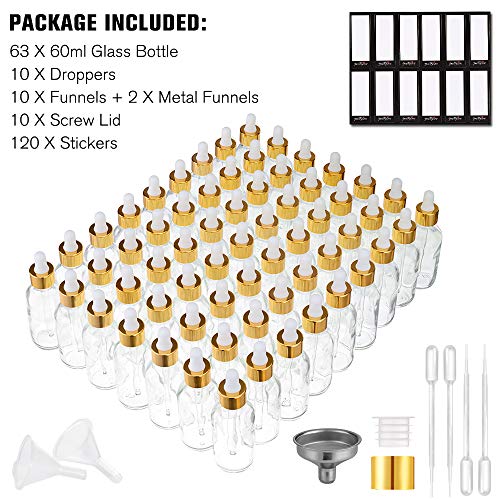 PrettyCare Glass Eye Dropper Bottles 2oz (60ml), 63 Pack Clear Empty Thick Bottles Bulk with Leakproof Golden Caps - With Labels & Funnels for for Storage, Travel,Essential Oils, DIY Serums, Tincture